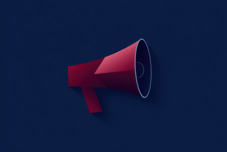 A vibrant megaphone against a dark blue background ready to announce.の素材