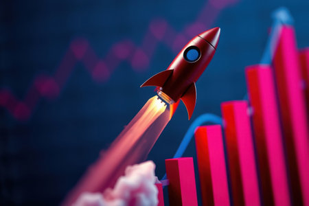 A vibrant rocket launching upwards alongside a graph symbolizing financial growth and progress.の素材