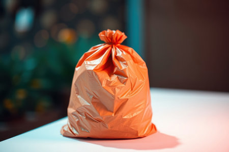 A single orange plastic trash bag sits on a white surface.の素材