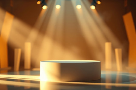 A circular pedestal stage bathed in intense golden light beams.の素材