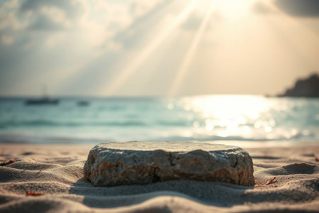 A solitary stone rests on a sandy beach at sunset.の素材