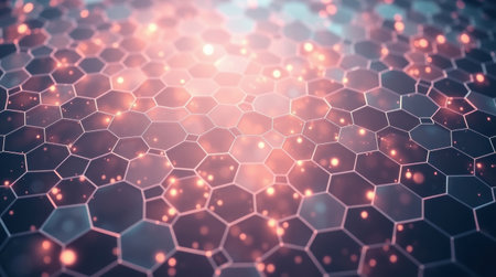 Detailed hexagonal network structure with glowing points and light reflections.の素材
