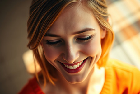 Close-up portrait of a woman with a radiant smile and eyes.の素材