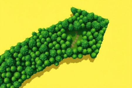 Aerial view of a stylized forest forming an arrow shape.の素材