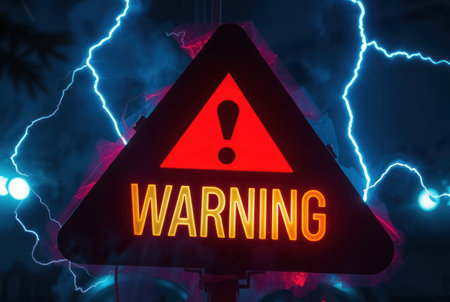 A vibrant red warning sign with an exclamation point is displayed during a dramatic thunderstorm with intense lightning.の素材