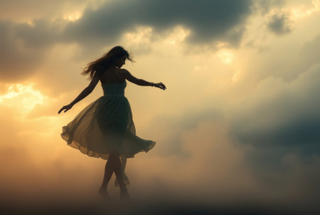A solitary woman dancing freely in a beautiful sunset sky.の素材
