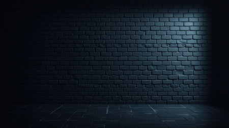 A dimly lit, textured brick wall with a tiled floor, creating a dark and atmospheric interior scene.の素材