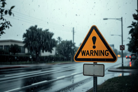 A rainy street scene featuring a warning sign and blurred traffic.の素材