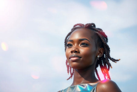 A beautiful young woman with vibrant red braids looks directly at the viewer.の素材