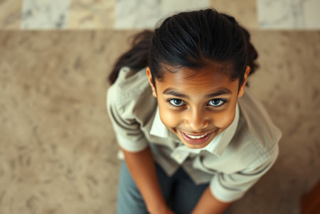 An upward-facing photograph of a young Indian girl smiling brightly.の素材