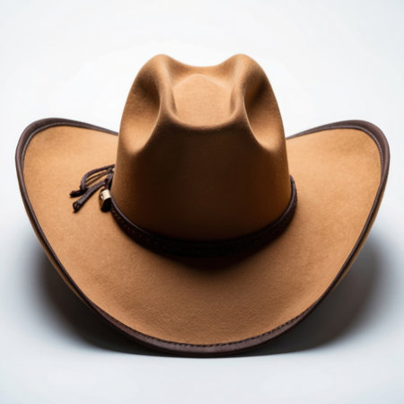 A brown cowboy hat resting on a white surface, showing its details and form.の素材