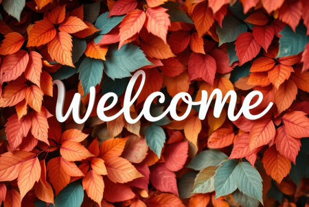 A close-up photograph showcasing a dense arrangement of colorful autumn leaves with 'Welcome' text overlayedの素材