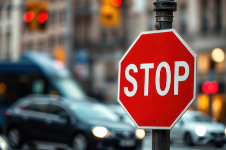 A red stop sign prominently displayed at a busy urban intersection with traffic.の素材