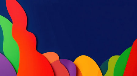 A visually striking abstract artwork featuring layered, colorful shapes against a dark blue backgroundの素材