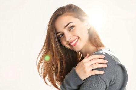 A beautiful young woman with long, flowing hair smiles warmly, bathed in soft light.の素材