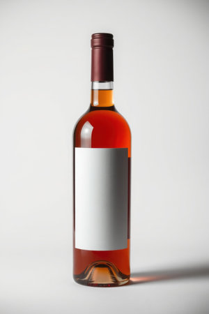 A single wine bottle sits on a white surface, ready for labeling.の素材