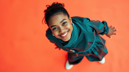 A smiling young woman wearing a teal outfit against a vibrant orange background.の素材