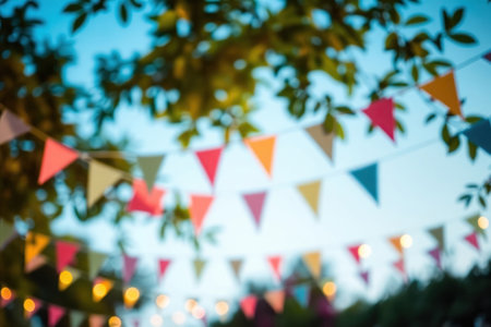 A vibrant collection of colorful triangular banners hanging outdoors under a bright blue sky.の素材