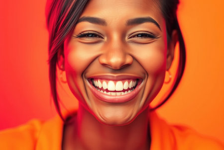 Close-up portrait of a smiling woman with vibrant orange background.の素材