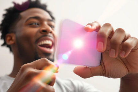 Young man taking a vibrant photograph with joyful expression.の素材