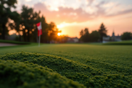 A serene golf course at sunset with lush green grass and a distant flag.の素材