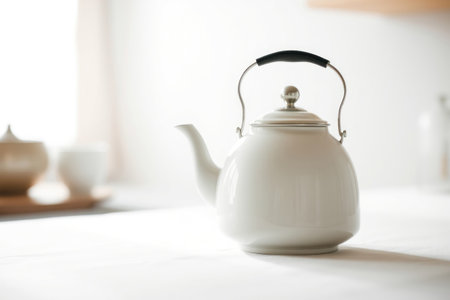 A white kettle sits on a table in soft light, ready for tea.の素材