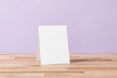 A pristine white card stands upright on a wooden table.の素材