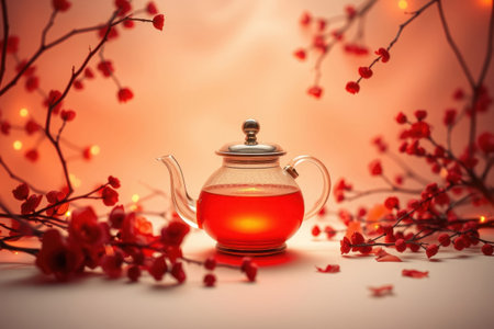A delicate glass teapot filled with red tea sits amongst blossoming cherry branches in a serene setting.の素材