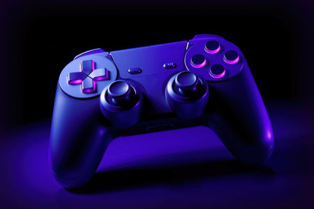 Close-up shot of a sleek purple gaming controller with glow.の素材