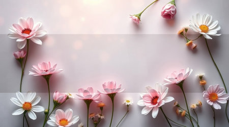 A beautiful arrangement of pink and white flowers on a soft pastel surface.の素材