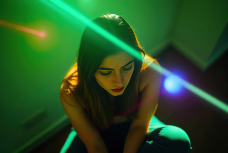 A young woman sits in a dimly lit room with neon light reflections.の素材
