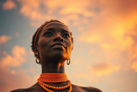 A beautiful Black woman gazes upwards at a vibrant sunset sky.の素材