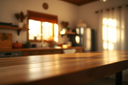 A blurred interior kitchen scene with a wooden table and window light.の素材