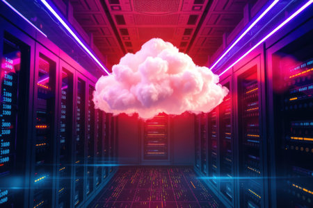 Futuristic server room with a large cloud projection representing data storage and processing.の素材