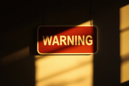 A rectangular warning sign hangs suspended in a dark room.の素材