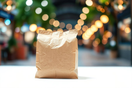 A single brown paper bag sits on a white table.の素材