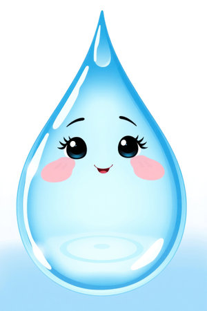 A charming cartoon water drop character with a happy face.の素材
