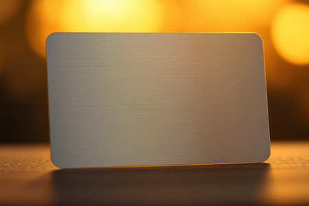 A blank metallic card resting on a dark surface with golden light.の素材