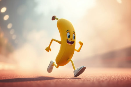 A cheerful cartoon banana character joyfully sprints across a sandy road.の素材