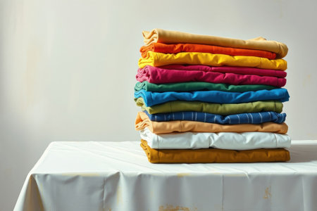 A meticulously arranged stack of colorful bedsheets against a neutral background.の素材