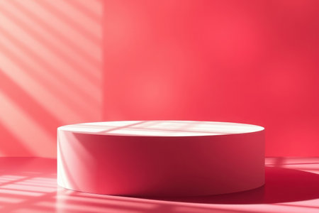 A solitary red cylindrical pedestal sits on a vibrant wall, bathed in dramatic light and shadow.の素材