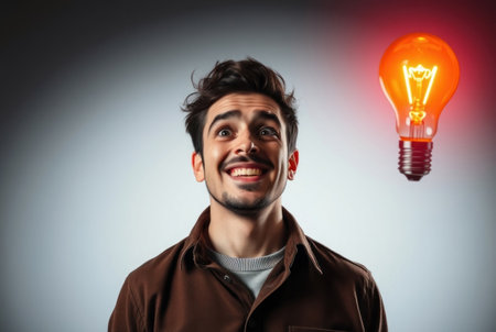 A surprised young man with a lightbulb illuminating his face.の素材