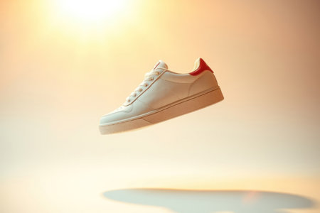 A single white sneaker suspended in a golden sunset glow.の素材