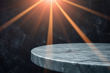 A circular stone pedestal bathed in dramatic golden light beams.の素材
