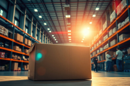 A single cardboard box sits on a warehouse floor amidst shelves and workers in the bright interior.の素材