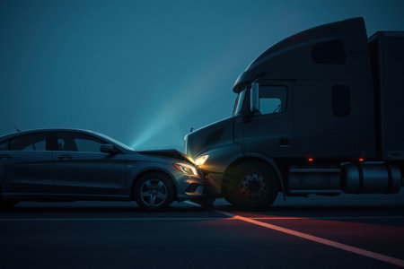 A silver car and a large truck collide on a highway at night.の素材