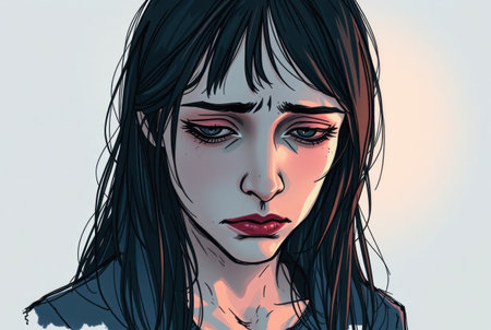 A melancholic female portrait conveying profound sadness and inner turmoil.の素材