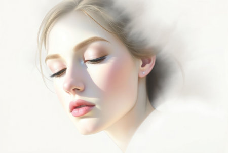 Close-up portrait of a woman with closed eyes, gentle lighting.の素材