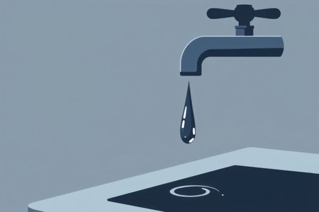 A single water drop falling from a faucet onto a surface.の素材