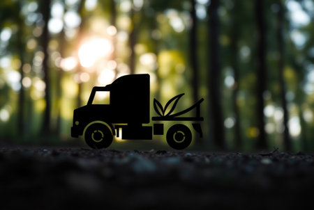 A dark truck silhouette rests within a blurred forest scene.の素材